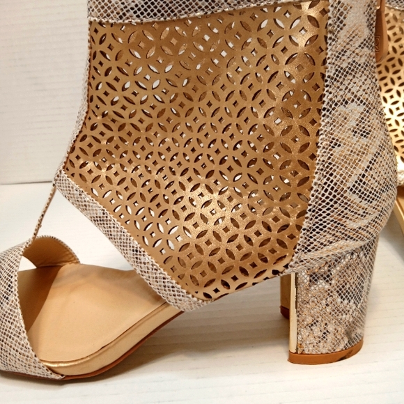 Ashro Open Toe Block Heel Booties Gold & Snake Print Sz 8.5 - Picture 5 of 13